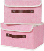 ANMINY 4PCS Storage Bins with Lid PU Leather Handles Storage Boxes PP Plastic Board Decorative Foldable Lidded Cotton Linen Fabric Home Cubes Baskets Closet Organizer Containers - Pink, Small Size