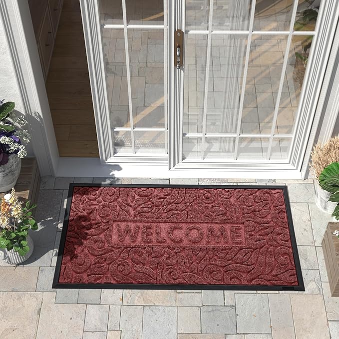 Yimobra Welcome Front Door Mat Outdoor, Heavy Duty Sturdy Non Slip Doormats, Rubber Backing, Low-Profile Entrance Rugs, Absorbent Resist Dirt, Easy Clean Patio Garage Floor Mats, 47X24 Inch, Wine Red
