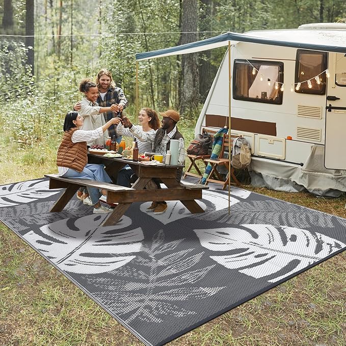 GAOMON Outdoor Rug 9x18 Waterproof Patio Rugs Reversible Outdoor Plastic Straw Rug Camping Mat, Foldable Portable RV Picnic Carpet with Bag & 4 Stakes, UV Resistant Carpet for Deck Balcony, Grey