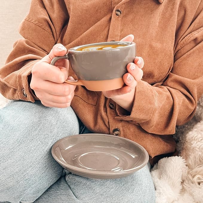 Mora Ceramic Latte Art Mug With Saucer - 10.5 oz, Round Bottom For Perfect Pours - Cafe Cups for Cappuccino, Espresso, Coffee, Tea etc - Porcelain Set for Baristas, Great Gift - Sesame Milk