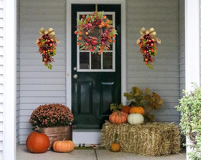 22 Inch Fall Chrysanthemum Wreath Harvest Floral Wreath with Apples Pinecones Berries and Eucalyptus Maple Leaves for Fall Thanksgiving Halloween Mantel Table Outdoor Front Door Wall Window