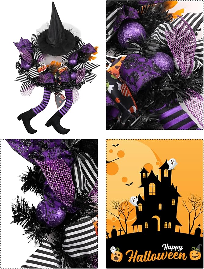 Happy Halloween Wreath for Front Door Decoration with Skeleton Artificial Bone Orange Ornaments Maple Leaf for Party Decor (Halloween Purple)