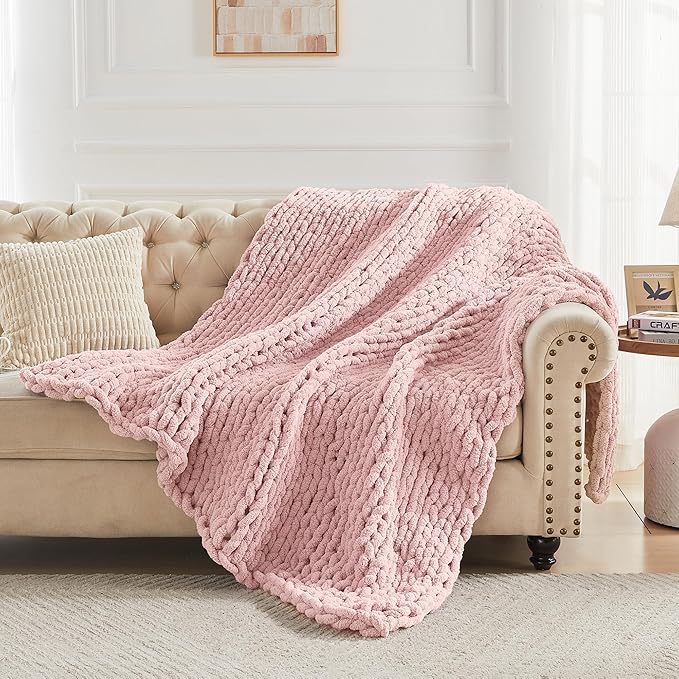 Carriediosa Chunky Knit Throw Blanket 50" X 60", 100% Hand Made Large Chenille Loop Yarn Soft Fluffy Throws for Couch Sofa Bed, Big Crochet Cozy Heavy Thick Cable Woven Blankets, Dusty Pink