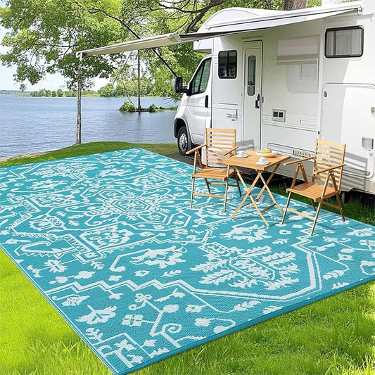 Outdoor Rug 8x10 Waterproof Reversible Plastic Straw Mat, UV-Resistant Vintage Medallion Camping Carpet for Patio, Deck, Balcony, Picnic, Large Outside Floor Mat, Light Blue/White