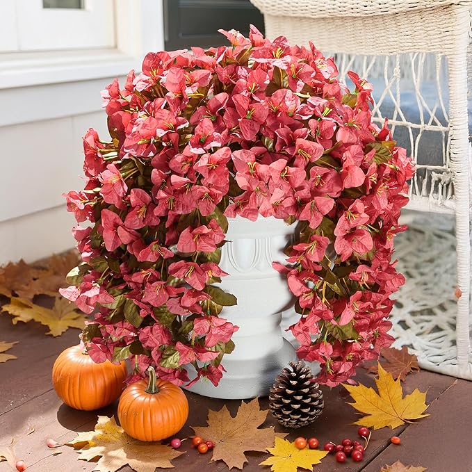 Bougainvillea Artificial Flowers Plants for Outdoors Outside Fall Autumn Decoration, 2 pcs Faux Silk Long Trailing Vines UV Resistant Look Real Red Fake Flowers for Front Door Porch Planter Urn Patio