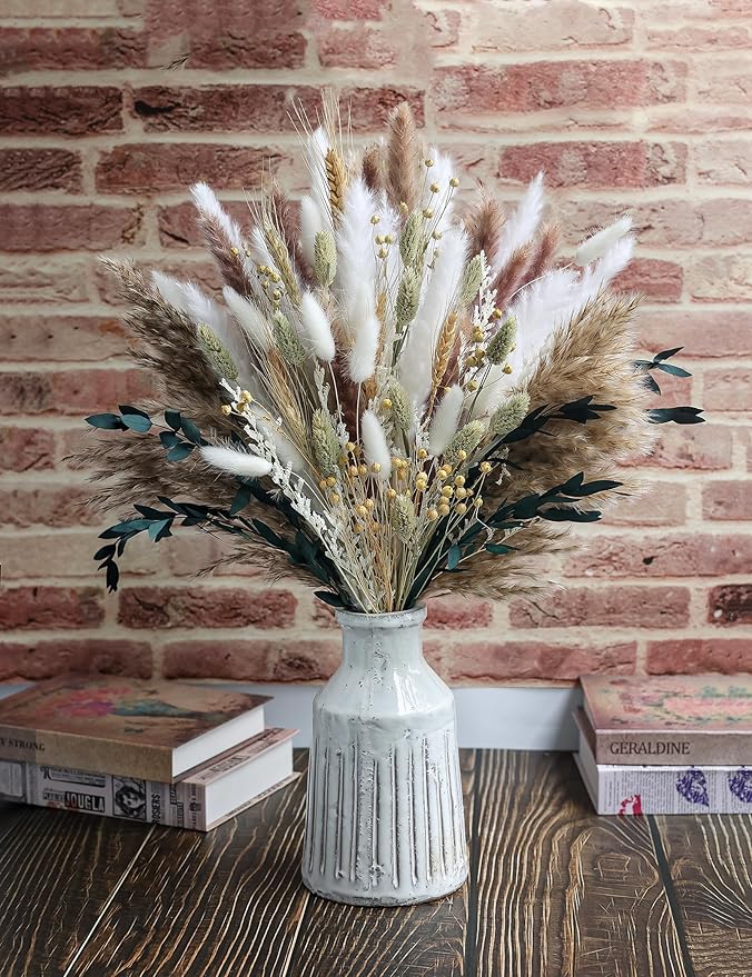 126pcs Dried Pampas Grass Decorations, Dried Flowers, Dried Bouquet in Vase, Reed Grass Bouquet for Boho Floral Wedding, Rustic Farmhouse Decor. (Vase Not Included)