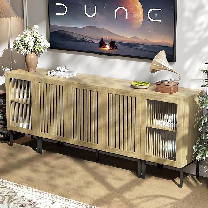 Farmhouse TV Stand for TVs up to 85 Inch, Entertainment Center TV Console with Storage Cabinets and Glass Doors, Media Console for Living Room,Oak