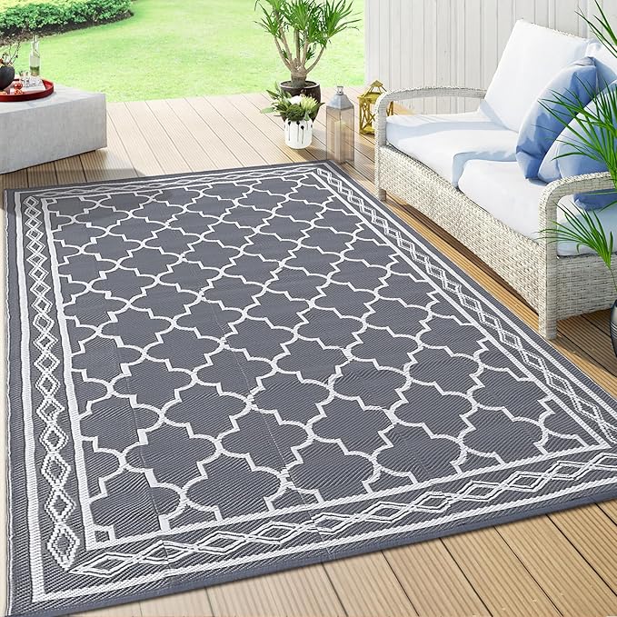 GAOMON Outdoor Rug for Patio 5'x8' Reversible Plastic Rugs Camping Mat for Outdoor, RV, Backyard, Deck, Balcony, Picnic, Beach, Grey/White(Geometric)
