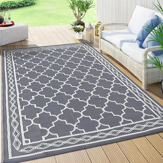 GAOMON Outdoor Rug Waterproof 8'x10', Reversible Outdoor Plastic Straw Rug, Boho Patio Rug, Indoor Outdoor Carpet, RV Mat Outside for Patio, Camp, Picnic, Balcony, Deck, Grey/White(Geometric)