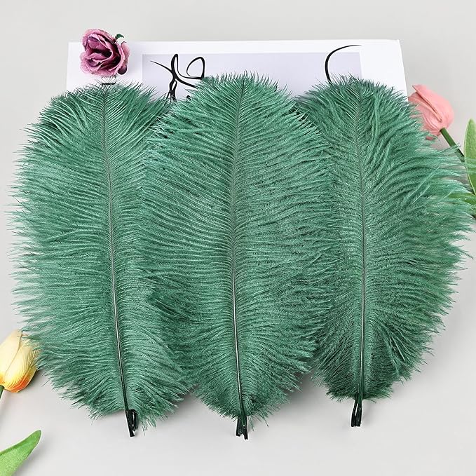 THARAHT Blackish Green Ostrich Feathers 24pcs Natural Bulk 8-10Inch 20cm-25cm for Crafts Wedding Party Centerpieces Mardi Gras Decoration Feather