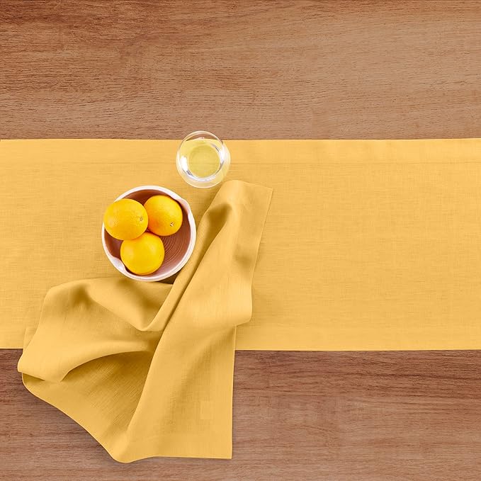 Solino Home Linen Table Runner 108 Inches Long - 100% Pure Linen Mustard Yellow Table Runner 14 x 108 Inch - Fete