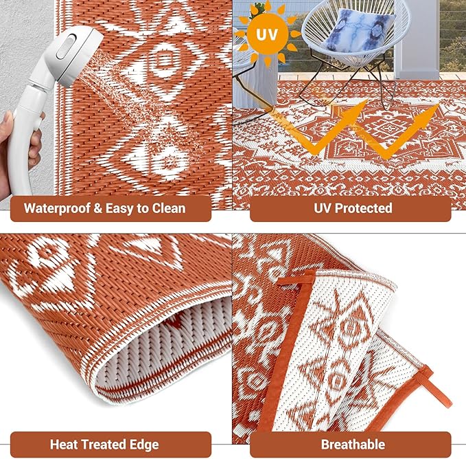 GAOMON Large Outdoor Plastic Straw Rug 10x14 Waterproof Patio Rug Reversible Foldable Portale Camping Mat with Stakes & Bag, Vintage Boho Outside Carpet for RV Garden Deck Porch, Orange Red