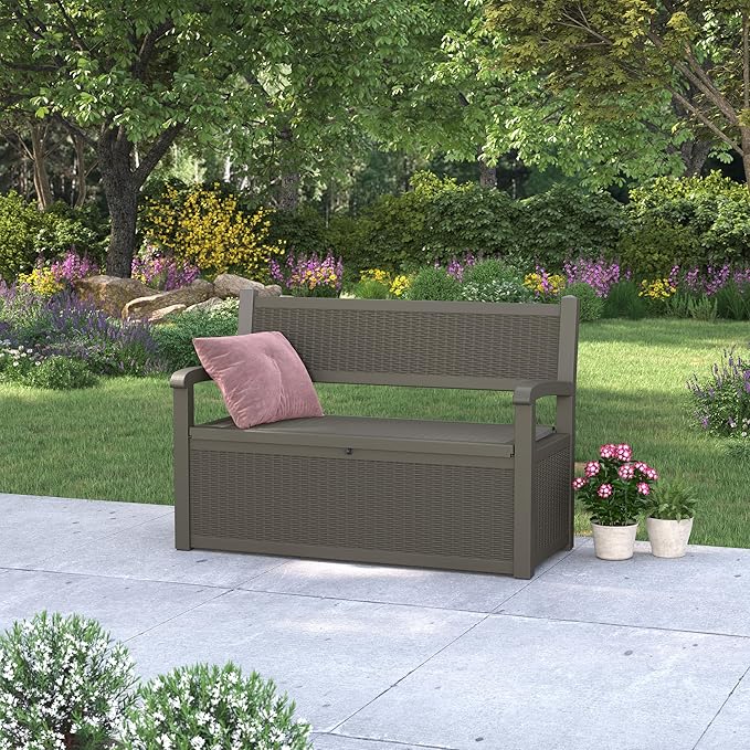 70 Gallon Outdoor Storage Box, Resin Patio Furniture with Armrest, Lockable Deck Box with Waterproof and UV Resistant for Patio Cushions, Garden Tools and Pool Supplies, Grey