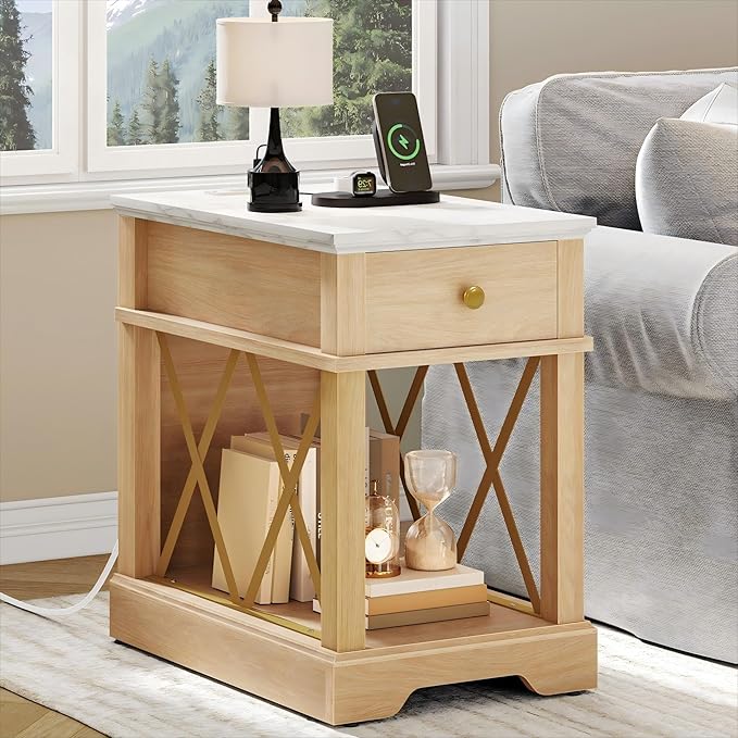 Farmhouse End Table with Charging Station & Drawer by YITAHOME
