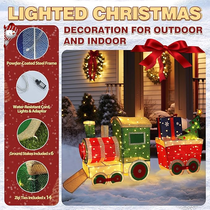5FT Light-Up Christmas Train Decor with 170 LED Lights, 3D Pre-Lit Train Set with Gift Box and Christmas Tree for Xmas Decoration, Freestanding Glittered Holiday Display for Outdoor, Indoor