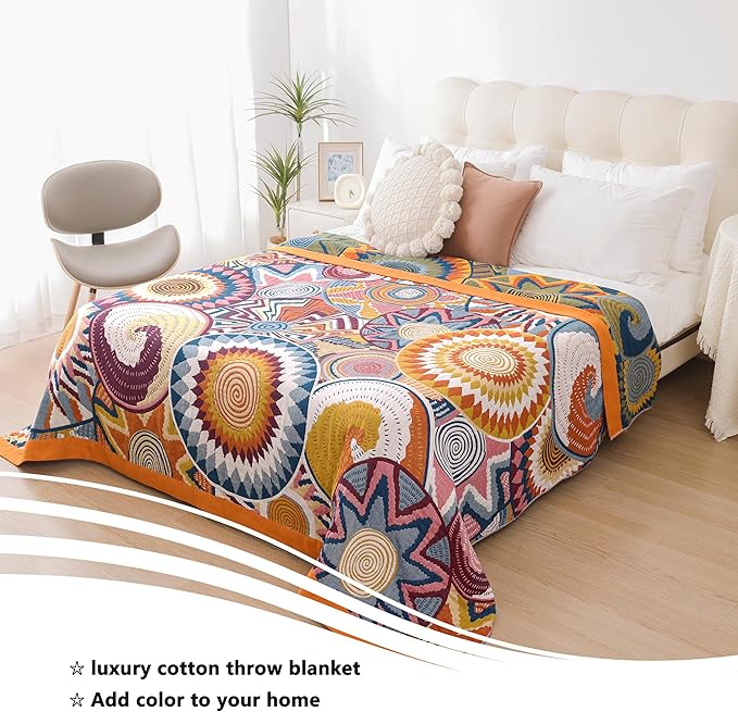 Boho Throw Blanket, 100% Organic Muslin Cotton Breathable Ultra Soft Bed Quilt Throw - All Season Floral Bird Butterfly Farmhouse Decor Blanket for Sofa Couch Chair and Gift. 80" x 90"