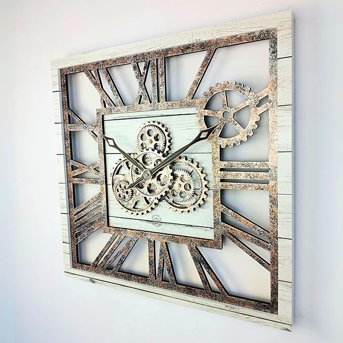 The Gears Clock 24'' Inch Square Real Moving Gear Wall Clock Vintage Industrial Oversized Rustic Farmhouse (White Farmhouse)