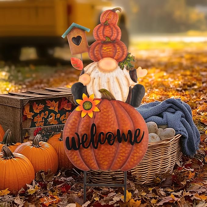 TERESA'S COLLECTIONS Fall Gnome Pumpkin Decorations for Outdoor Home, Metal Fall Decor Welcome Signs Stakes, Orange Autumn Yard Decor for Thanksgiving, Harvest Garden Patio Gift for Mom 25"