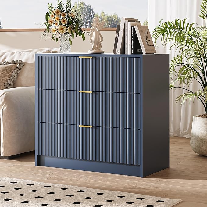 Fluted Dresser for Bedroom, 32 Inch Wide Nightstand with Large Drawer, 3 Drawer End Table for Bedroom, Living Rooms, Offices, and Entryways, Navy Blue