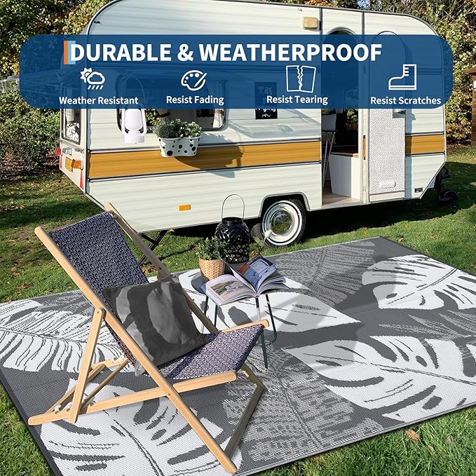 GAOMON Outdoor Rug 9x18 Waterproof Patio Rugs Reversible Outdoor Plastic Straw Rug Camping Mat, Foldable Portable RV Picnic Carpet with Bag & 4 Stakes, UV Resistant Carpet for Deck Balcony, Grey