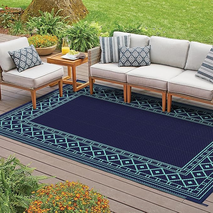 GENIMO Outdoor Rug Waterproof 5'x8' for Patio, Foldable Reversible Plastic Straw Carpet for Travel Trailers, Outside Area Mat for Rv, Deck, Picnic, Porch, Balcony, Beach, Navy Blue & Jade Green