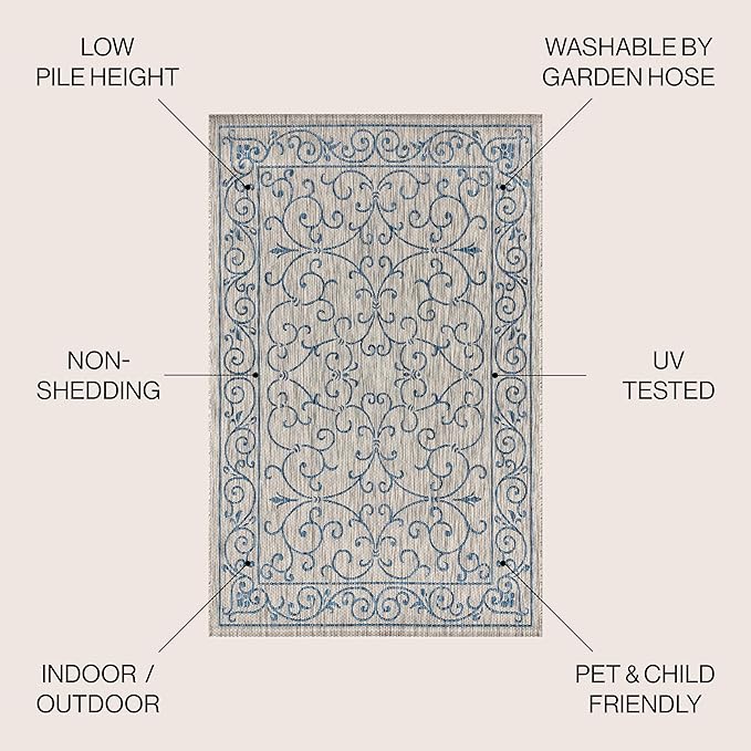 JONATHAN Y Vintage Filigree Indoor Outdoor Round Area Rug 9 Ft Gray/Navy, Charleston Textured Weave for Backyard, Patio, Porch, Easy-Cleaning, High Traffic, Pet-Friendly, Non-Shedding (SMB106C-9R)