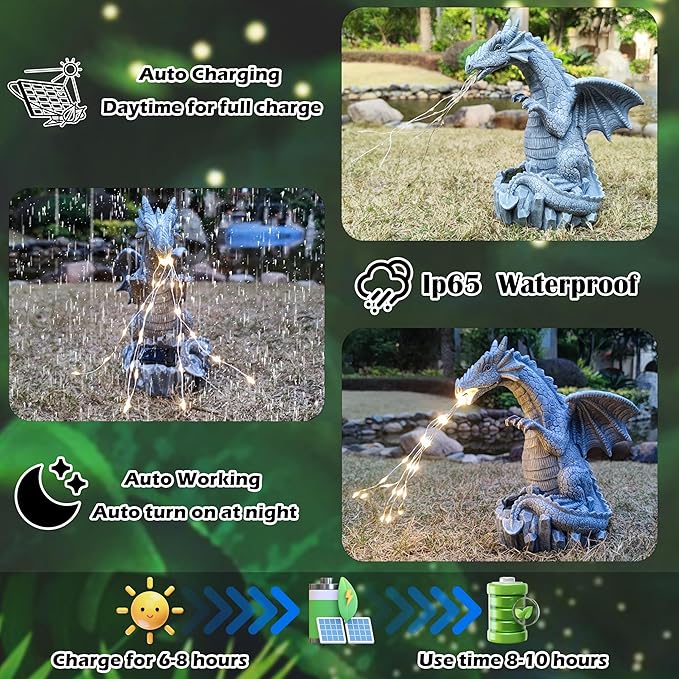 Dragon Solar Garden Statues Outdoor Decoration with LED Light Strings,Dragon Figurine Solar Lights Lawn Décor,Outside Statue Ornament for Patio, Balcony, Yard,Unique Gifts for Mom Grandma