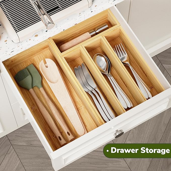 BAMEOS Utensil Drawer Organizer, 5 Slots Silverware Organizers for Kitchen Drawers, Bamboo Flatware Organizer for Knives Cutlery Spoons Forks (Natural)