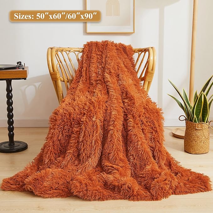 XeGe Luxury Faux Fur Throw, Burnt Orange Soft 50x60 Fluffy Blanket, Shaggy Plush Decorative Couch Throw, Cute Furry Fuzzy Blanket for Sofa Bed, Burnt Orange