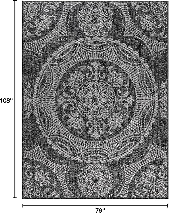 Medallion Outdoor Rug 6x9 Washable Outside Carpet for Indoor Patio Porch Waterproof Easy Cleaning Non Shedding Area Rugs Dark Gray 6 x 9
