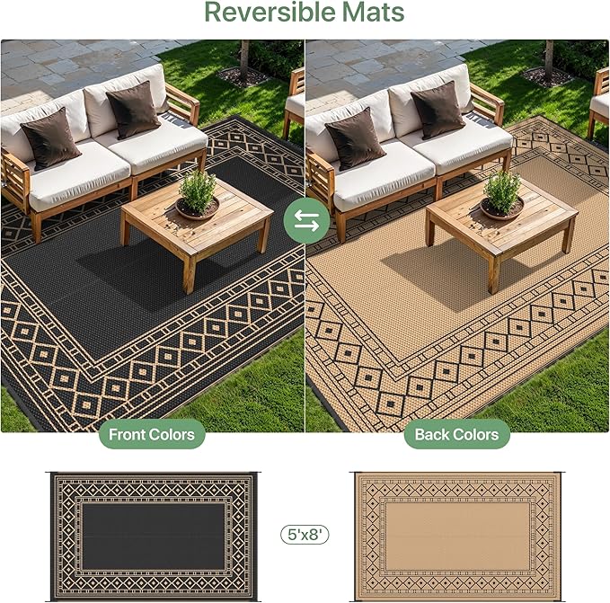 GENIMO Outdoor Rug 5'x8' Waterproof for Patio, Reversible Outdoor Plastic Straw Rug Carpet, Camping Mats for Outdoor Decor, RV, Backyard, Deck, Balcony, Picnic, Black & Brown