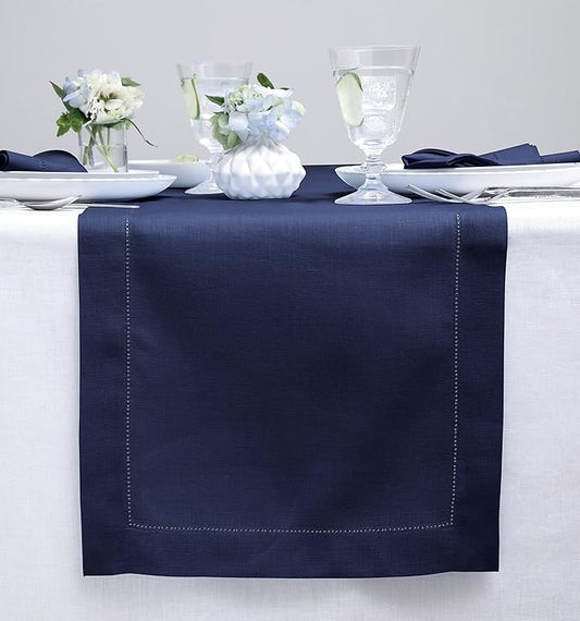 Solino Home Linen Navy Table Runner 90 Inches Long - 100% Pure Linen Hemstitch 14 x 90 Inch Table Runner for Dining, Fall, Autumn, Thanksgiving - Classic Hemstitch