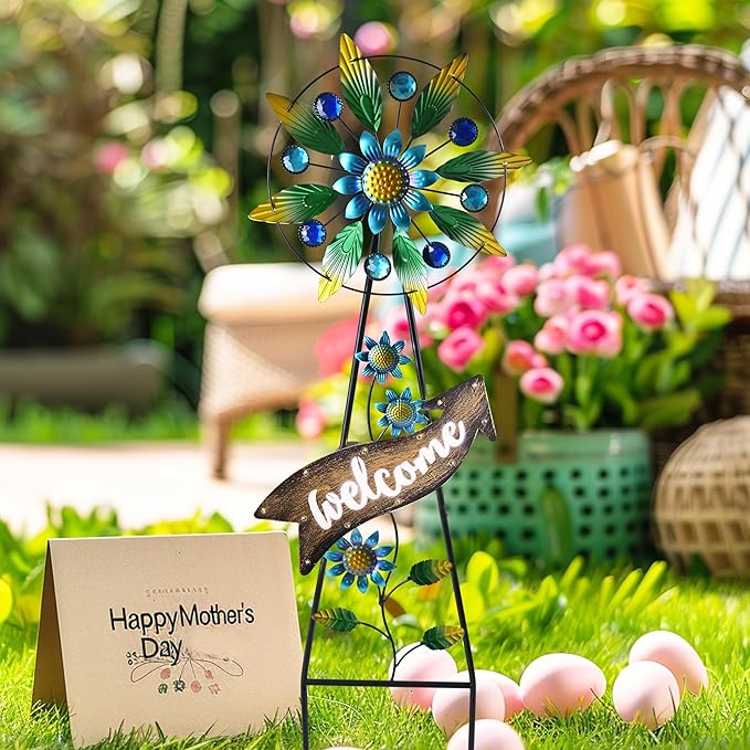 TERESA'S COLLECTIONS Hummingbird Garden Solar Stake, Wind Spinner Yard Art Sign for Outdoor Decor, Metal Purple Floral Windmill Decorative Garden Stake for Lawn Ornaments, Gifts for Mom, 36''