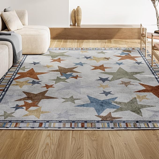 JONATHAN Y Machine-Washable Ivory/Blue/Orange Indoor Area Rug, 4x6, Star Gazer Geometric, Border, Kids & Novelty, Classic, Bedroom, Kitchen, Living Room, Easy-Cleaning, Non-Shedding (KDW100A-4)