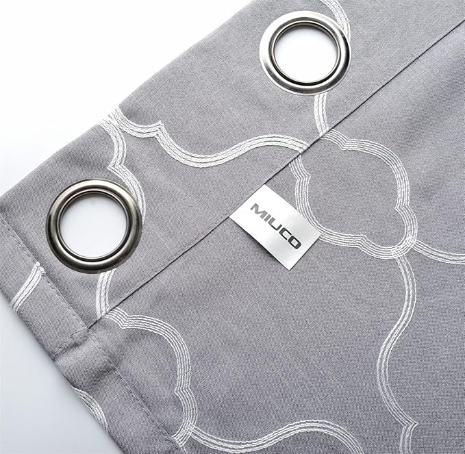 MIUCO Moroccan Embroidered Semi Sheer Curtains Linen Look Grommet Curtains for Living Room 52 x 84 Inch Set of 2, Grey