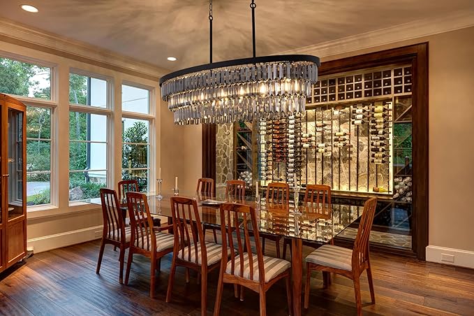 TOCHIC Chandelier for Dining Room 40 inch, Modern Crystal Chandelier for Living Room, Black Kitchen Chandelier Island Lighting, Oval Contemporary Ceiling Light Fixture for Bedroom, Smoke Grey