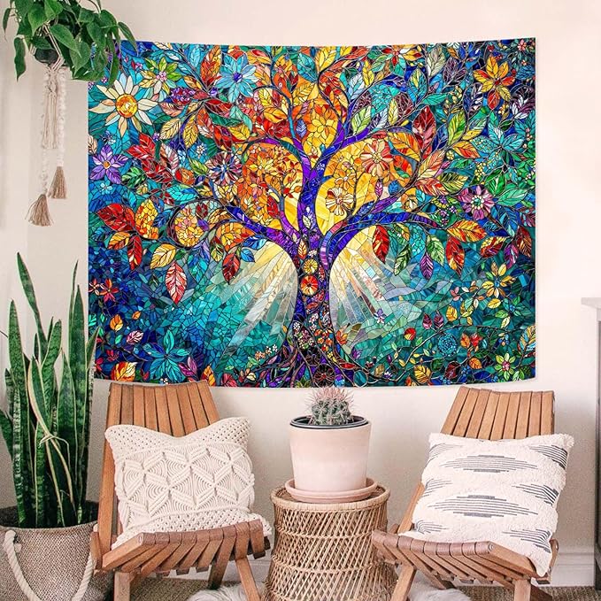 Lunerfex Tree of Life Tapestry Stained Glass Tapestry Wall Decor Tapestries for Bedroom Art Tapestries Wall Hanging for Bedroom Living Room Glass-Tree-02 60"x80"