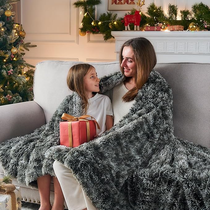 GONAAP Fuzzy Faux Fur Throw Blanket Queen Size Frosty Black Super Soft Cozy Plush Fuzzy Shaggy Blanket for Couch Sofa Bed (Frosty Black, Queen(90"x90"))