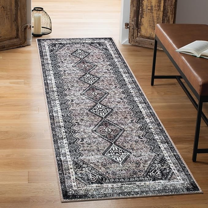 Keen Home Design 2x12 Rug - Machine Washable Runner Rug with Non-Slip Backing, Ideal for Hallway, Entryway, Kitchen, Laundry Room - Vintage, Easy Clean, Durable, Low Pile - (2'6" x 12')