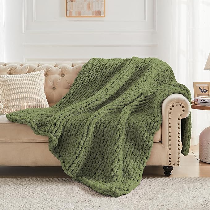Carriediosa Chunky Knit Throw Blanket 60" X 80" Twin, 100% Hand Made Large Chenille Loop Yarn Soft Fluffy Throws for Couch Sofa Bed, Big Crochet Cozy Heavy Thick Cable Woven Blankets, Olive Green