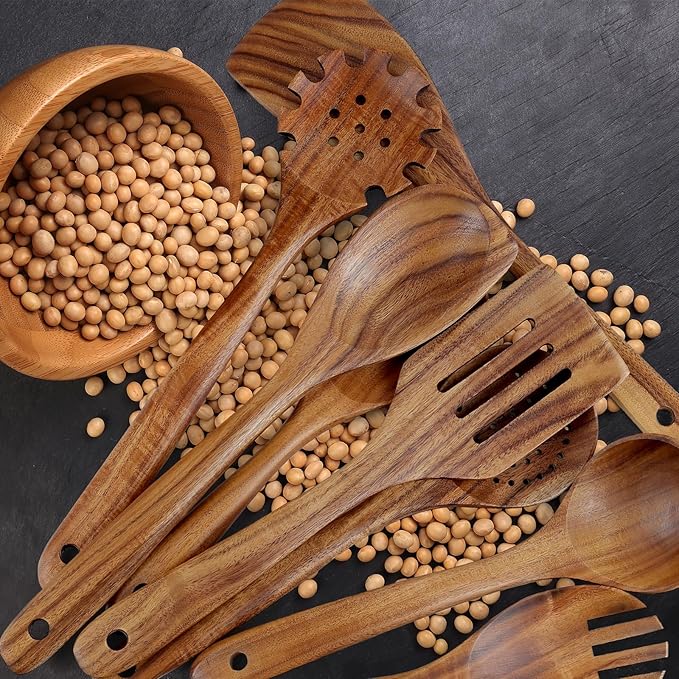 comfoyar Teak Wooden Spoons for Cooking, 9 Pieces Kitchen Cooking Utenails Set with Holder and Ladle, Heat Resistant Kitchen Cookware for Nonstick Pan