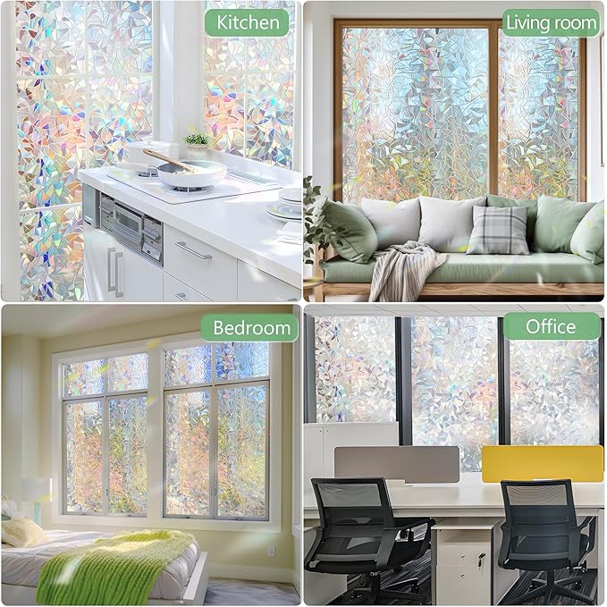 HIDBEA Window Privacy Film Static Clings, Rainbow Window Film, 3D Decals Non-Adhesive Window Vinyl Film for Home Door, 35.4 Inch × 6.5 Feet