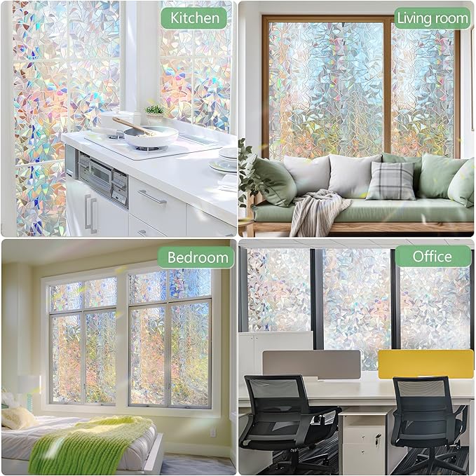 HIDBEA Window Privacy Film Static Clings, Rainbow Window Film, 3D Decals Non-Adhesive Window Vinyl Film for Home Door, 17.3 Inch x 6.5 Feet