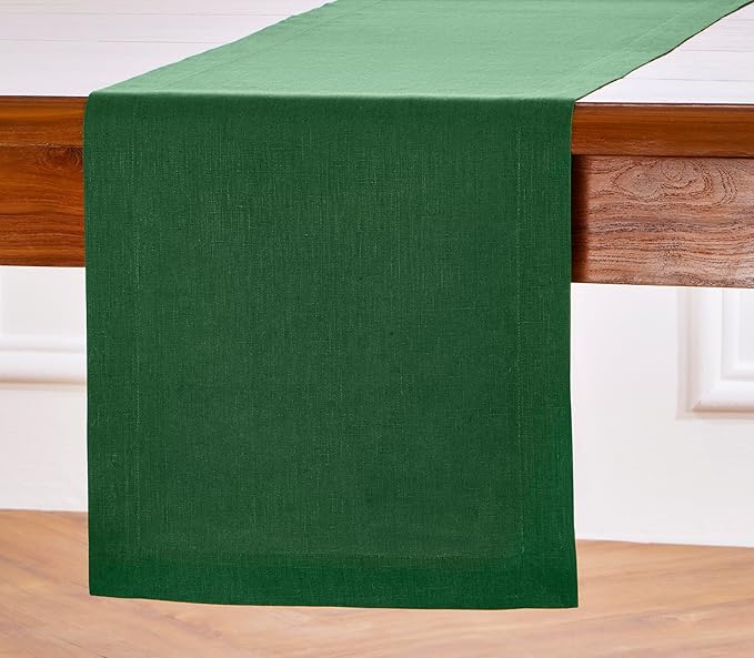 Solino Home Linen Pine Green Table Runner 120 Inches Long - 100% Pure Linen 14 x 120 Inch Table Runner for Fall, Autumn, Thanksgiving - Fete