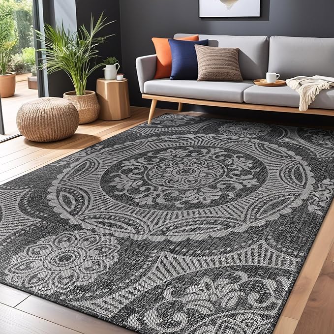 Medallion Outdoor Rug 9x12 Washable Outside Carpet for Indoor Patio Porch Waterproof Easy Cleaning Non Shedding Area Rugs Dark Gray 9 x 12