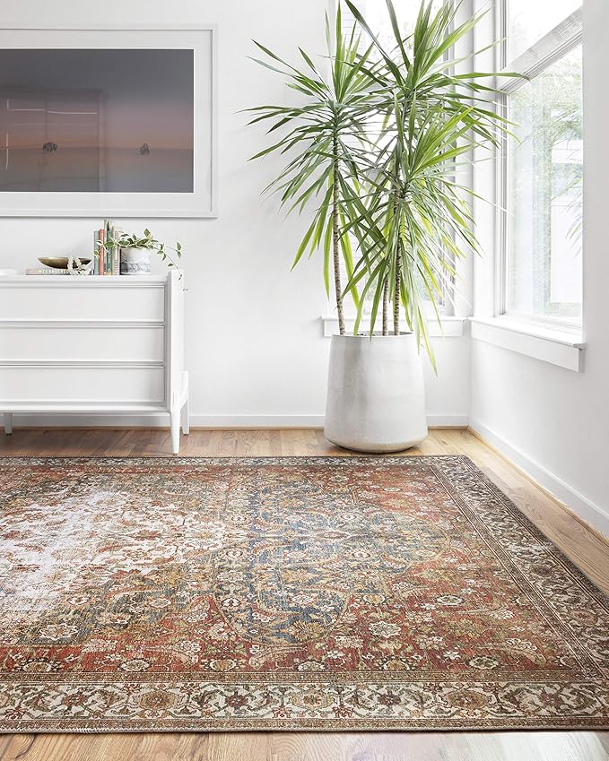 Loloi Layla Collection LAY-05 Ocean/Multi 3'-6" x 5'-6" .13" Thick Accent Rug, Soft, Durable, Vintage Inspired, Distressed, Low Pile, Non-Shedding, Easy Clean, Printed, Living Room Rug