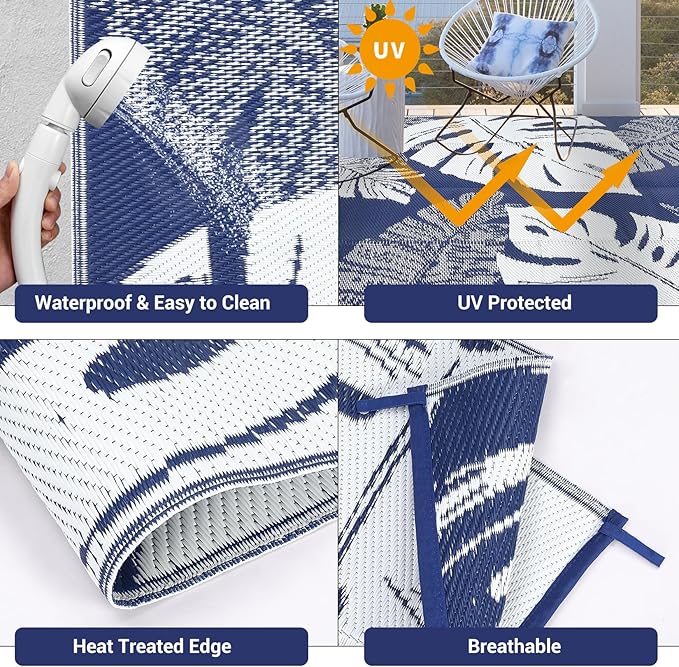 GAOMON Large Outdoor Plastic Rug 10x14 Waterproof Straw Rug Reversible Foldable Camping Mat with Stakes & Bag, Modern Tropical Leaf Farmhouse Outside Carpet for Patio RV Garden Deck, Blue