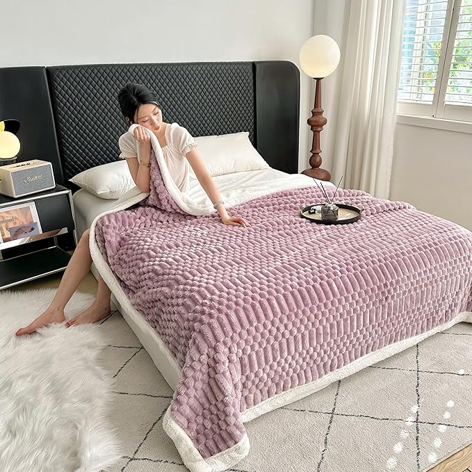 UKELER Sherpa Throw Blankets 60 × 80 inch, 470 GSM Striped Sherpa Fleece Blanket for All Season, Warm and Cozy Blanket for Couch Sofa Bed Office Camping, Purple