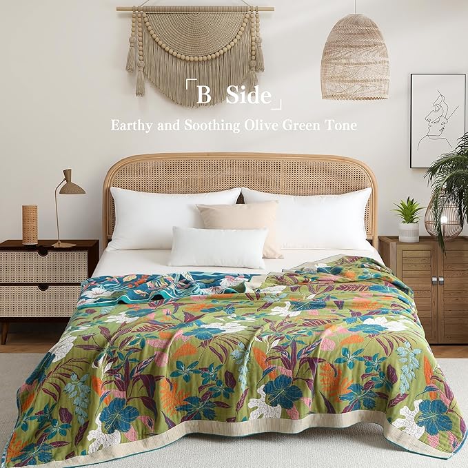 Boho Throw Blanket Full Size, Extra Large Soft Cozy Cotton Muslin Quilt Blanket for Bed Decor, Floral Patterned Couch Sofa Chair Cover, Vintage Farmhouse Cottage Woven Blanket, Teal&Green