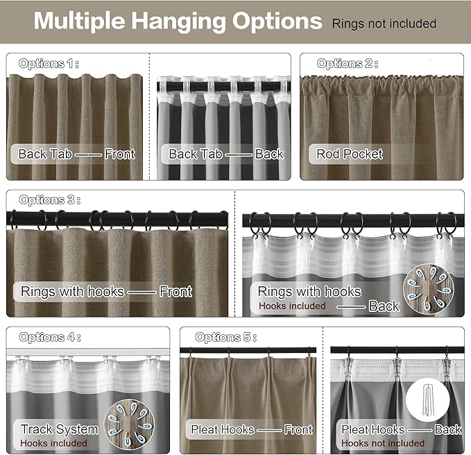 RAIN CITY Linen Brown Extra Long Blackout Curtains 120 Inch Long 10ft, Back Tab Pleated Look Linen Blended Textured Curtains with Hooks for Living Room Track System(W50xL120 in Length,Linen)